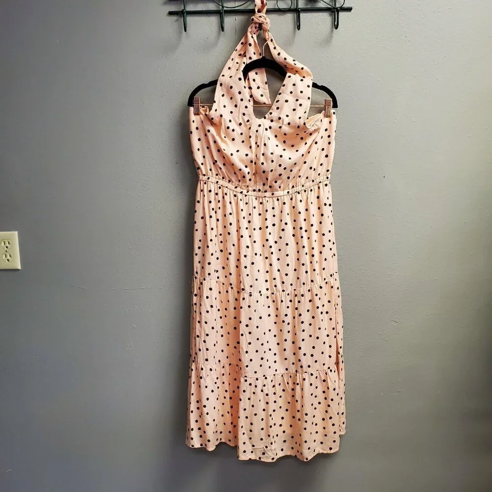 Maurices Maxi Sundress Women Size L Peach Black Polka Dot Halter Elastic Back - Picture 1 of 12